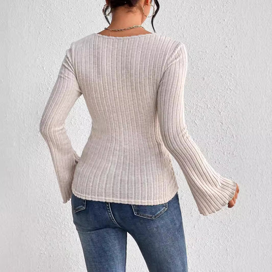 Damen geripptes Langarm-Top mit herzförmigem Dekolleté Taillennaht Twist-Detail und Trompetenärmeln Shop Nory