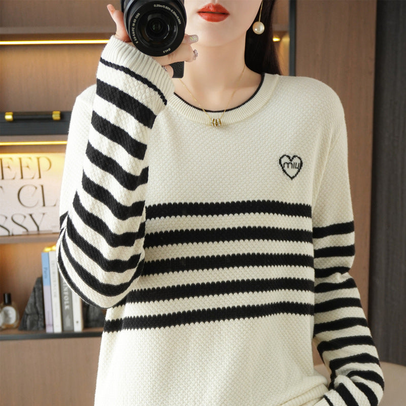 Damen Oversize-Strickpullover mit Wabenstruktur, kontrastierenden Streifen und dezentem Herzlogo Shop Nory