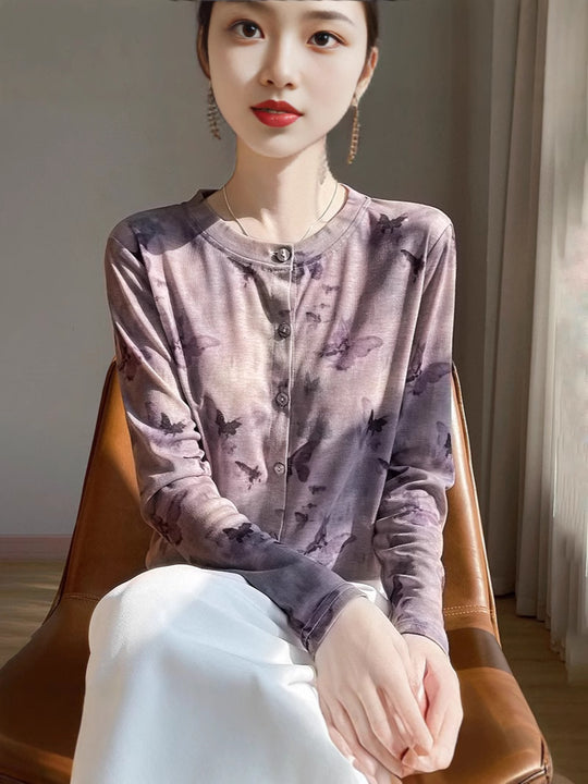 Damen Leichter Aquarell‑Print Feinstrick‑Cardigan mit Rundhalsausschnitt und Knopfleiste Shop Nory