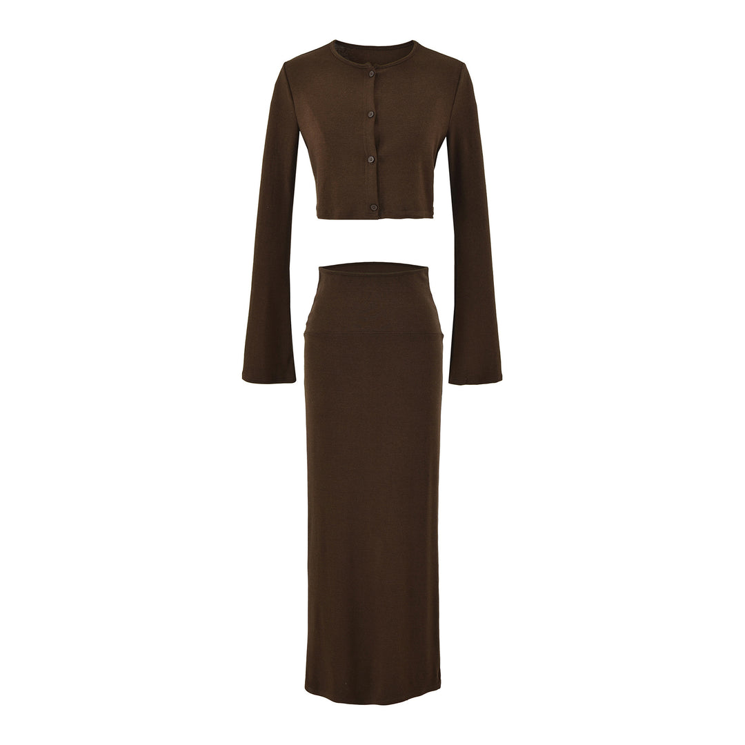 Damen Kurzgeschnittenes Set aus Feinstrick mit Knopfcardigan und figurbetontem Maxirock Shop Nory