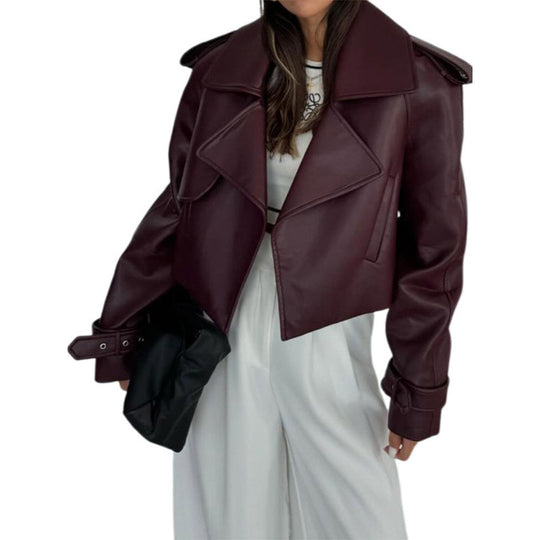 Damen Cropped-Bikerjacke aus Kunstleder mit übergroßem Revers, verstellbaren Manschetten und Epauletten Shop Nory