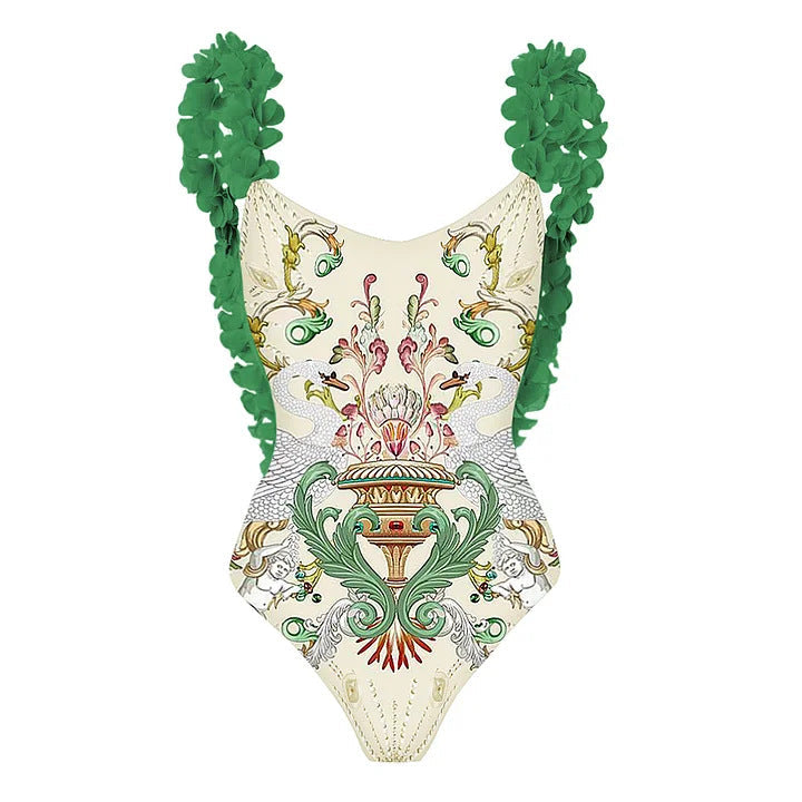 Damen Badeanzug-Set mit floraler Rüschendekoration und elegantem Maxirock