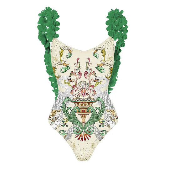 Damen Badeanzug-Set mit floraler Rüschendekoration und elegantem Maxirock