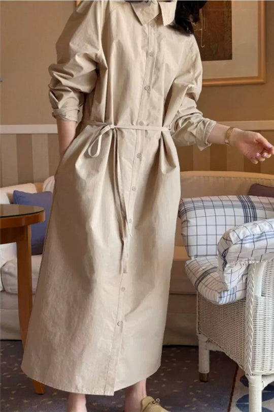 Damen Langärmeliges Hemdblusen-Maxikleid mit Taillengürtel und Eingrifftaschen Shop Nory