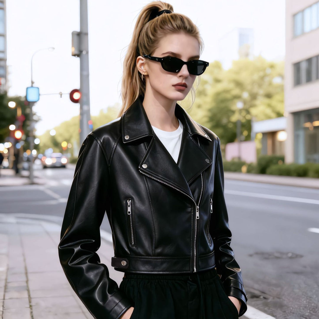 Damen Kurz geschnittene taillierte Bikerjacke aus Nappaleder mit asymmetrischem Reißverschluss Shop Nory