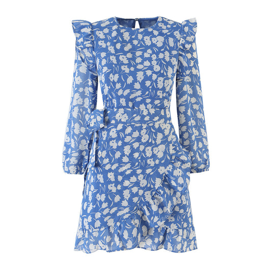 Damen Florales Chiffon-Wickelkleid mit Schultervolants und Taillengürtel Shop Nory