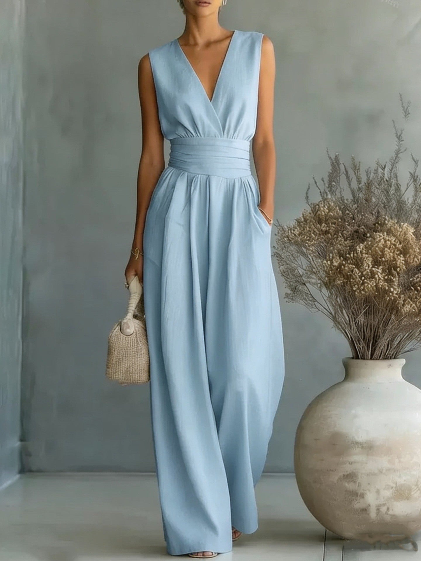 Damen Maxikleid mit V-Ausschnitt und Puffärmeln