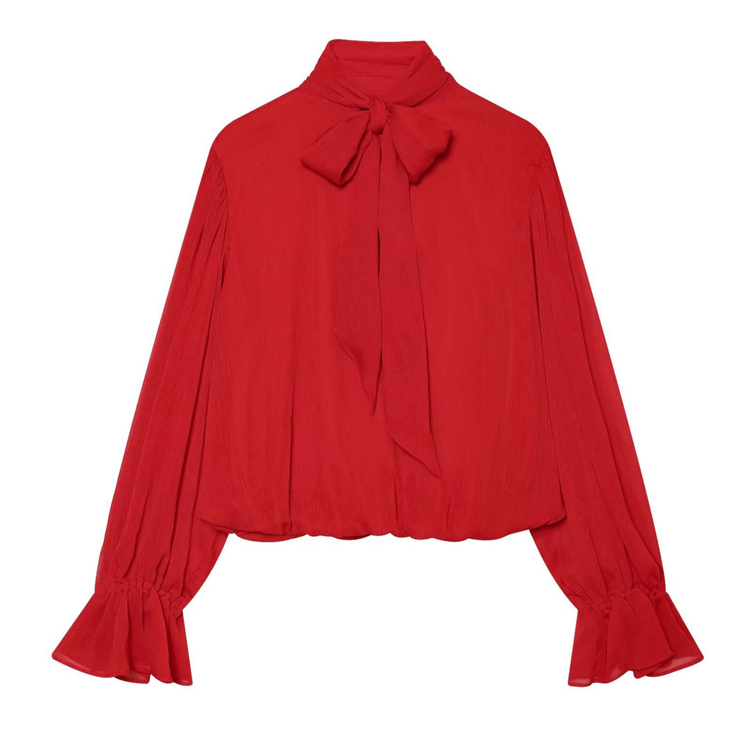 Damen Chiffon-Bluse mit Schluppe, Stehkragen und gerafften Ballonärmeln Shop Nory