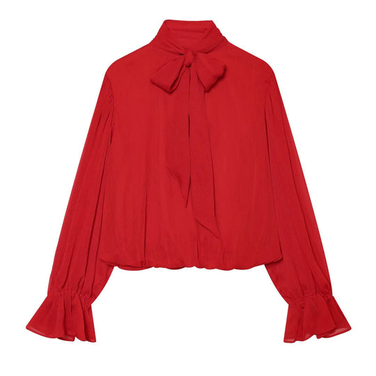Damen Chiffon-Bluse mit Schluppe, Stehkragen und gerafften Ballonärmeln Shop Nory