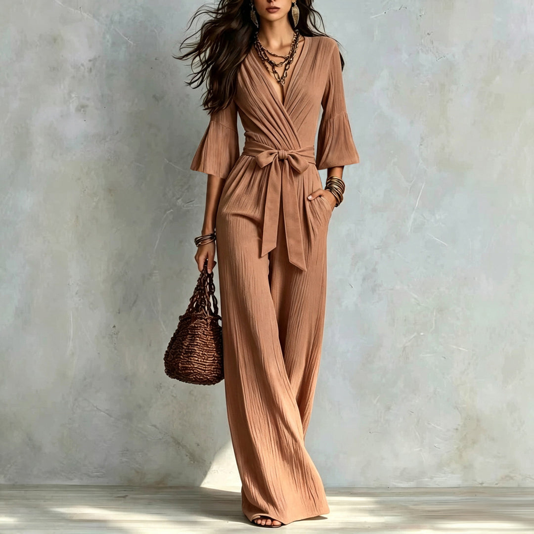 Damen Jumpsuit Wickel-Optik mit weitem Bein, Taillengürtel und Glockenärmeln Shop Nory