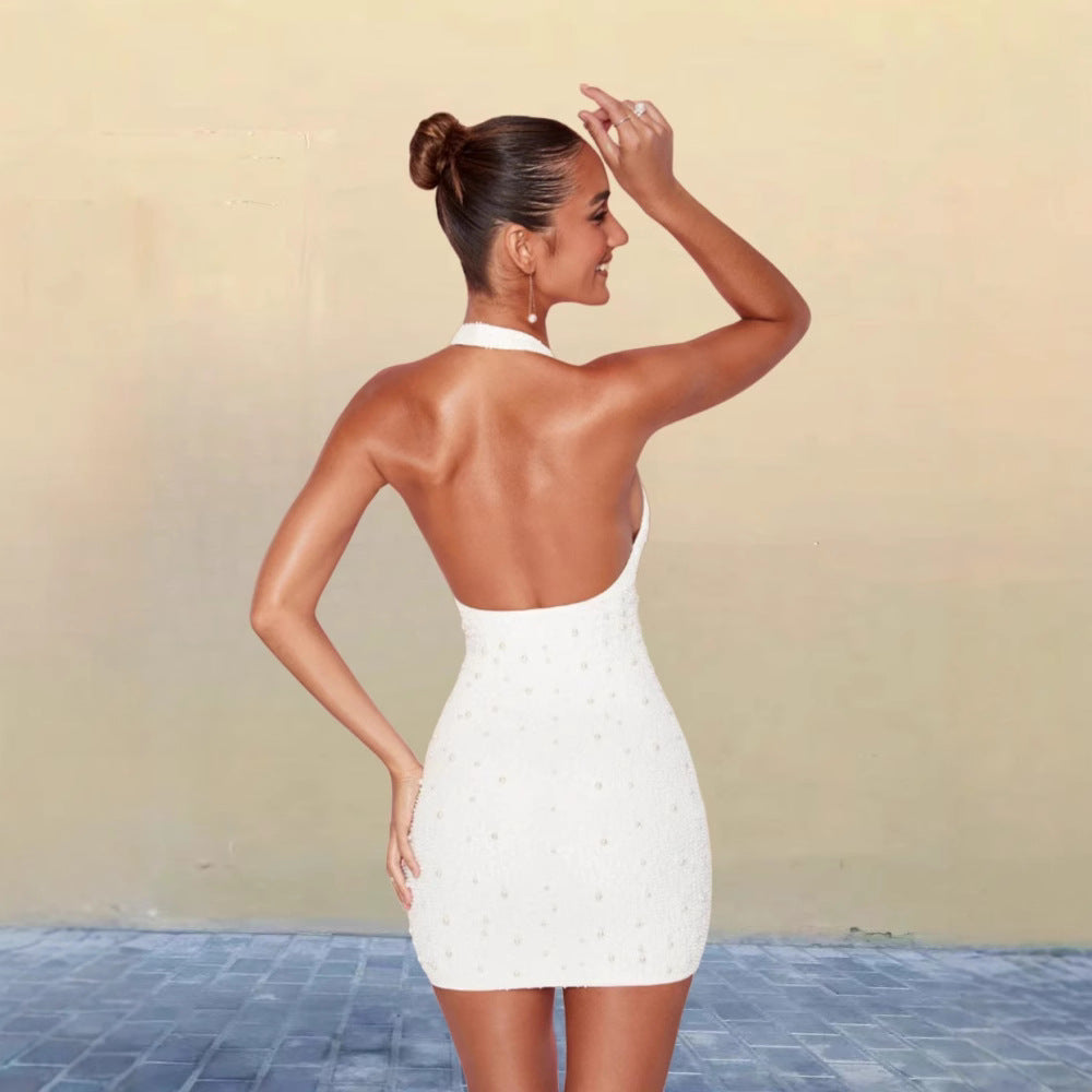 Damen Glamouröses Pailletten-Minikleid mit tiefem V-Ausschnitt und Halter-Design