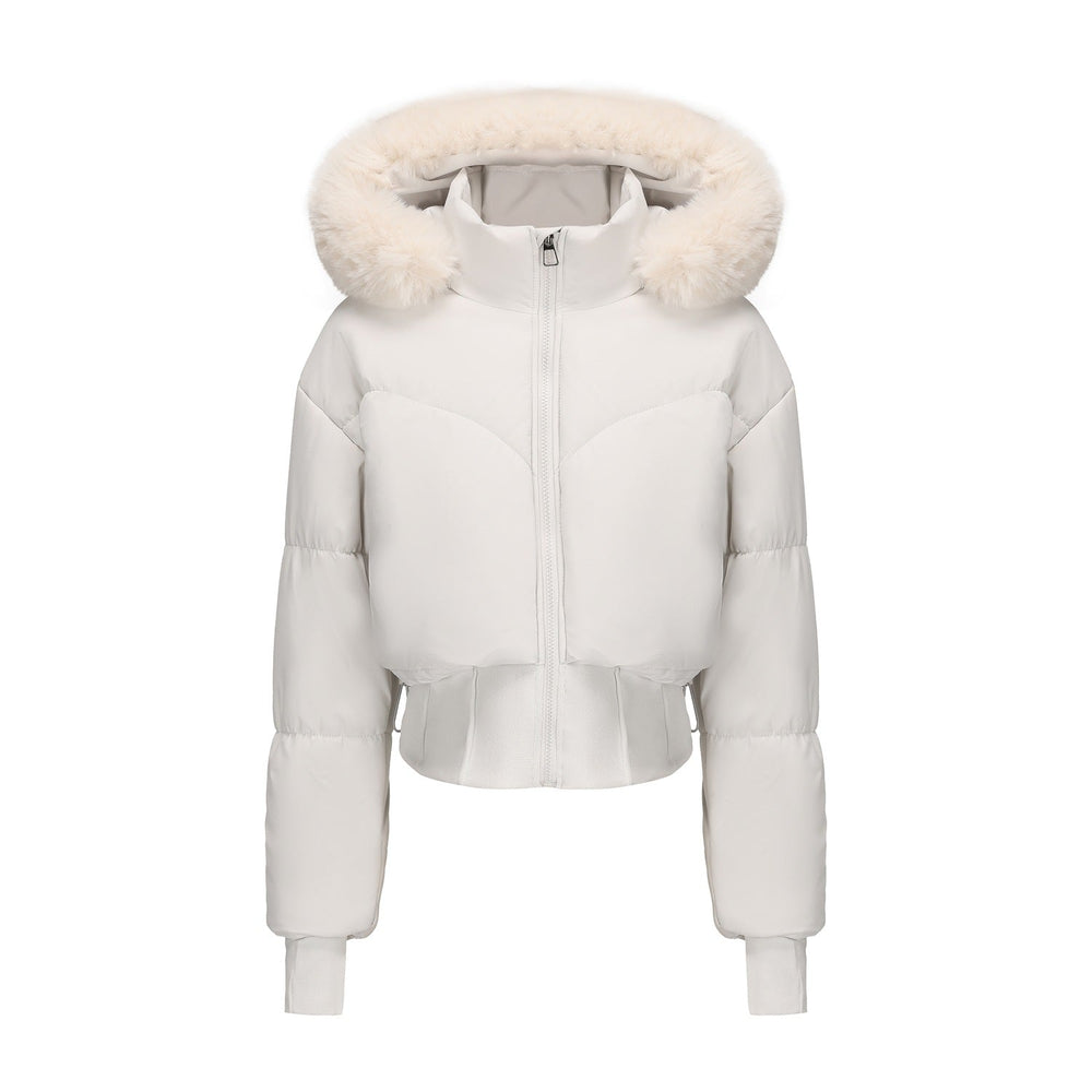 Damen cropped Daunenjacke mit abnehmbarer Kapuze und Kunstfellbesatz