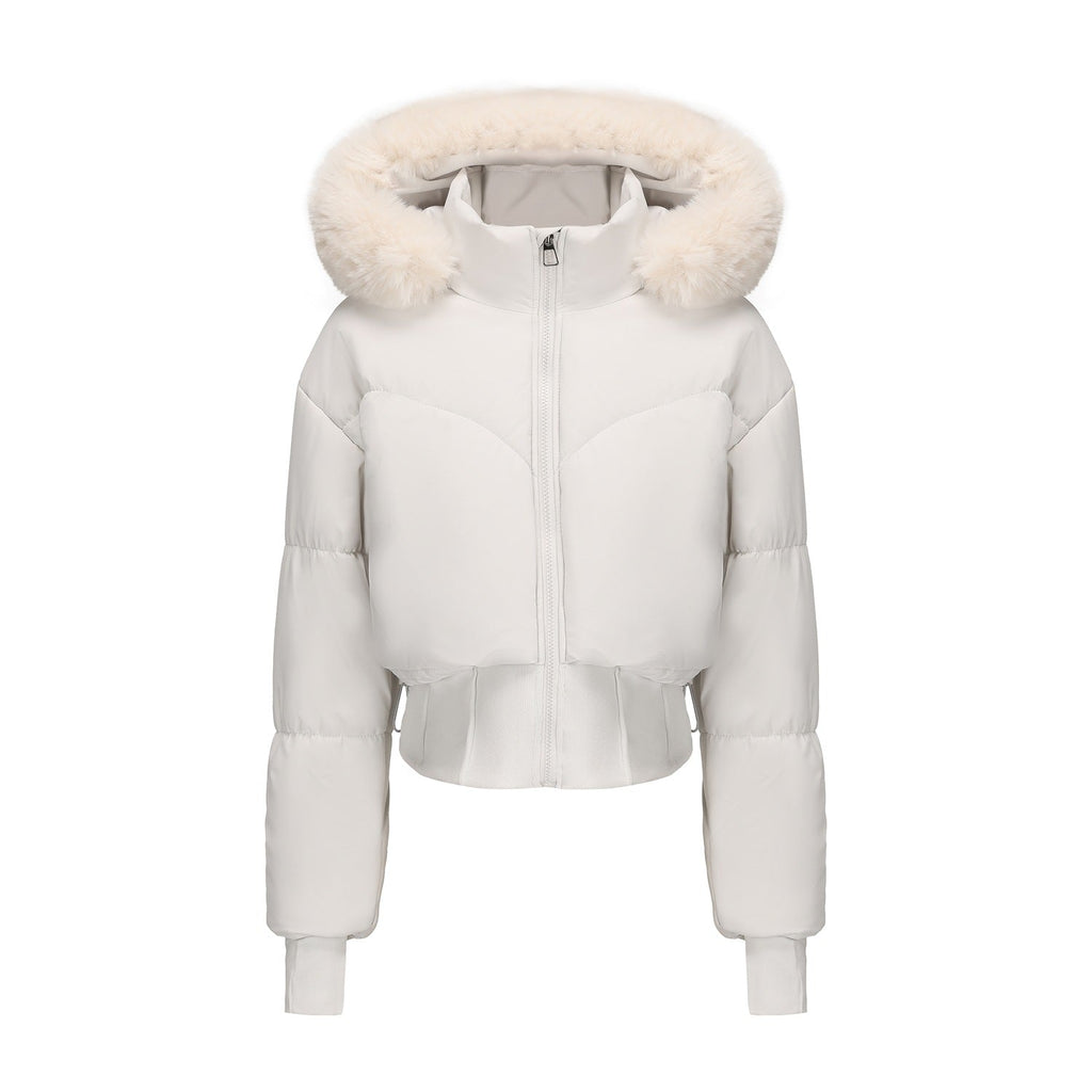 Damen cropped Daunenjacke mit abnehmbarer Kapuze und Kunstfellbesatz