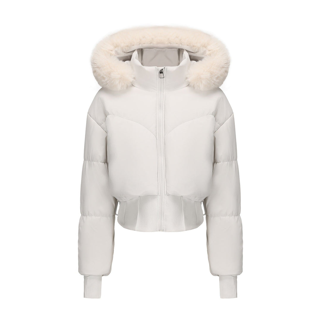 Damen cropped Daunenjacke mit abnehmbarer Kapuze und Kunstfellbesatz