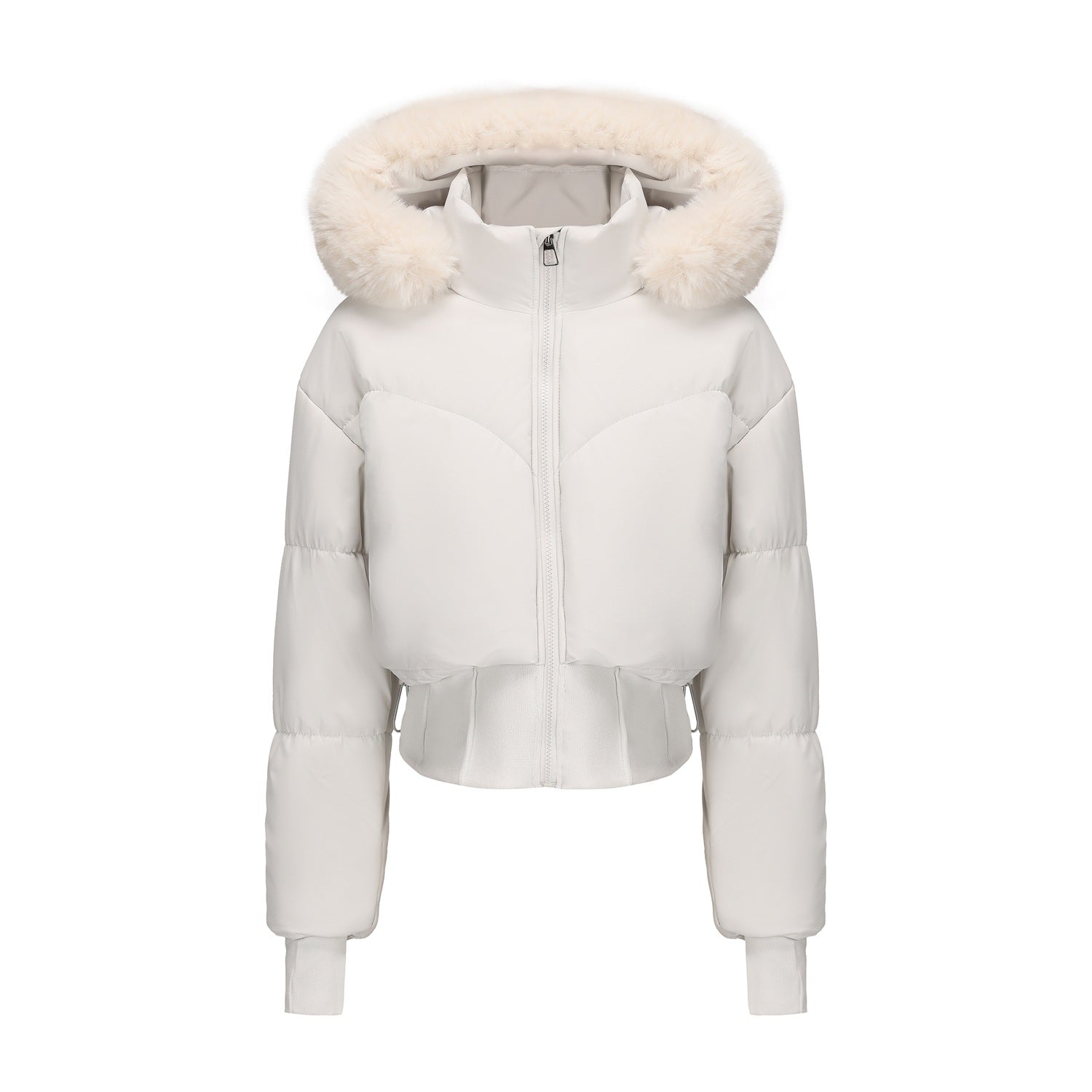 Damen cropped Daunenjacke mit abnehmbarer Kapuze und Kunstfellbesatz