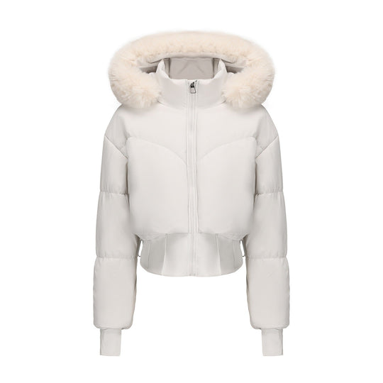 Damen cropped Daunenjacke mit abnehmbarer Kapuze und Kunstfellbesatz