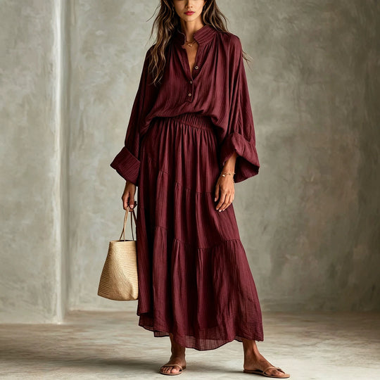 Damen Maxikleid mit geraffter Taille, Stehkragen und voluminösen Ballonärmeln Shop Nory