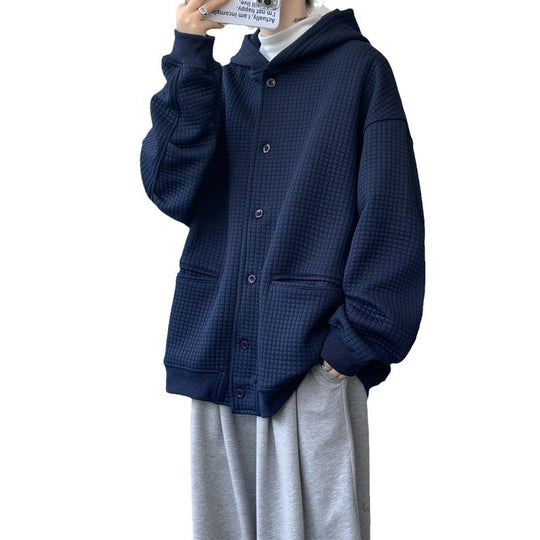 Herren Oversize-Stepp-Kapuzenjacke mit Waffelstruktur, Knopfleiste und Eingrifftaschen Shop Nory