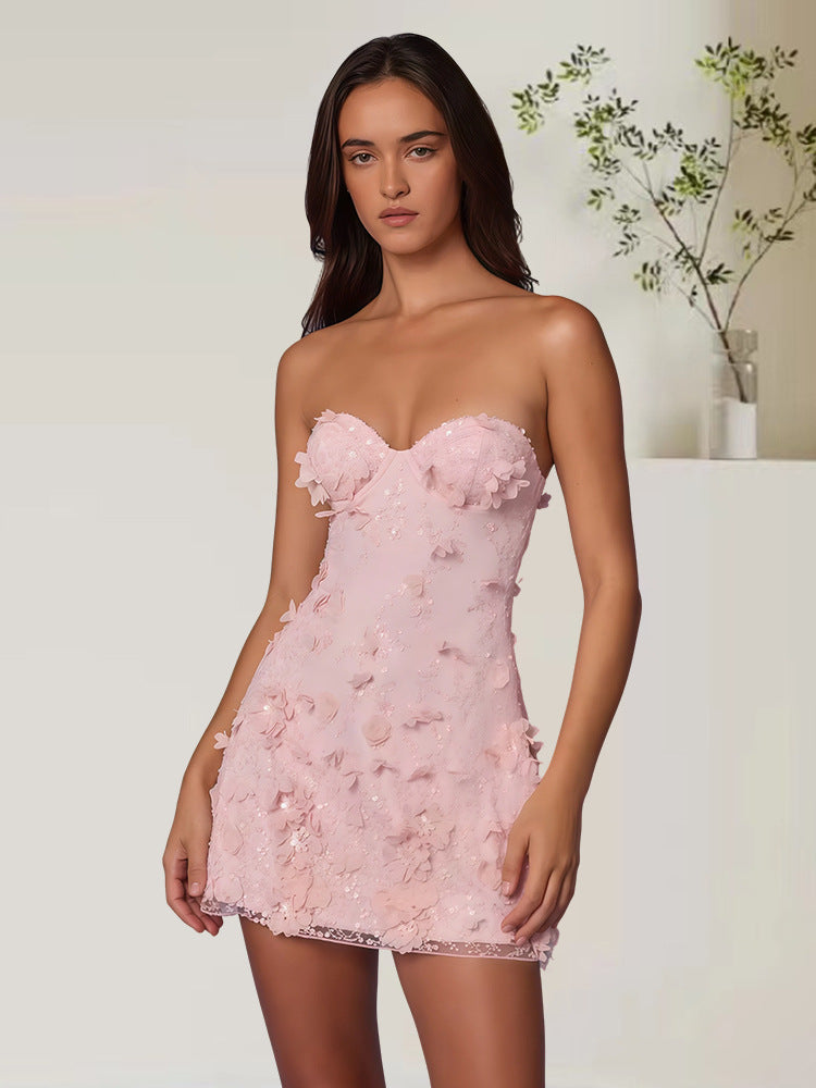 Damen Cocktailkleid mit schulterfreiem Design und floralem 3D-Applikationen Shopnory