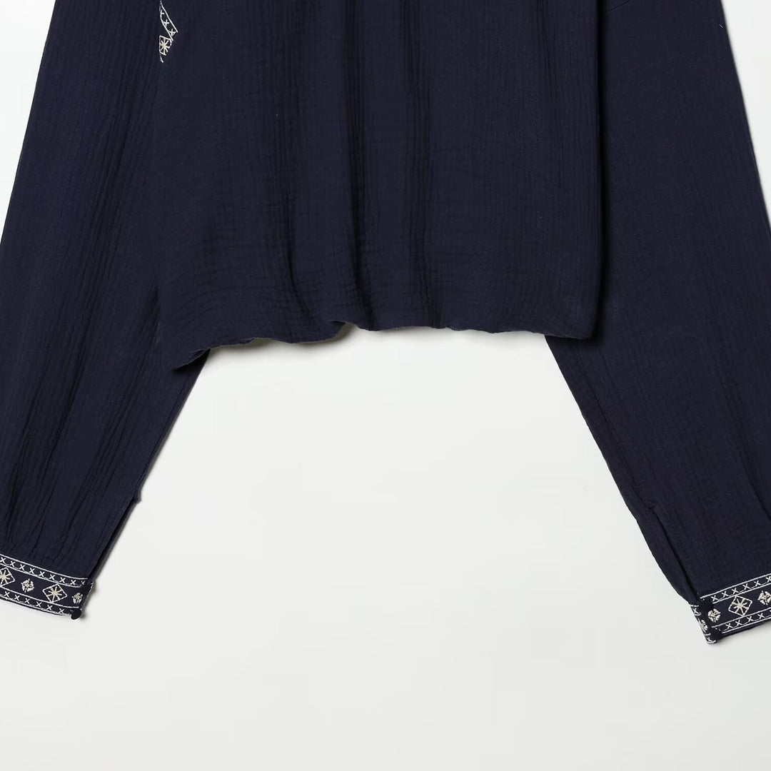 Damen nan bestickte Boho-Bluse mit gerafftem Stehkragen, Ballonärmeln und kurzem Saum Shop Nory