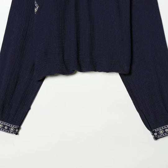 Damen nan bestickte Boho-Bluse mit gerafftem Stehkragen, Ballonärmeln und kurzem Saum Shop Nory