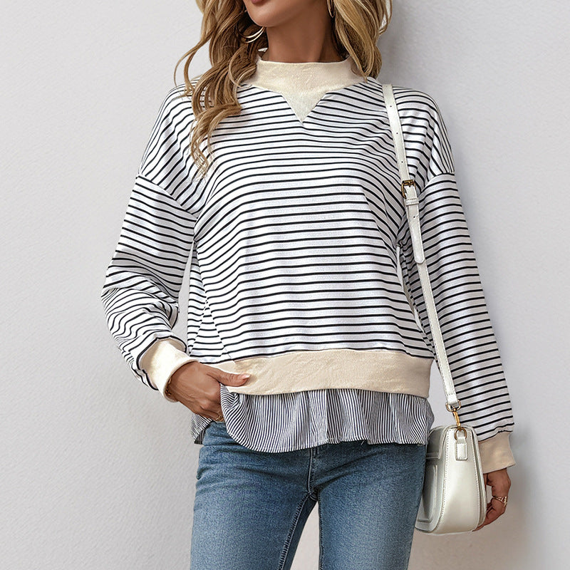Damen Gestreiftes Layering-Sweatshirt mit Chiffon‑Einsatz und kontrastierendem Stehkragen Shop Nory