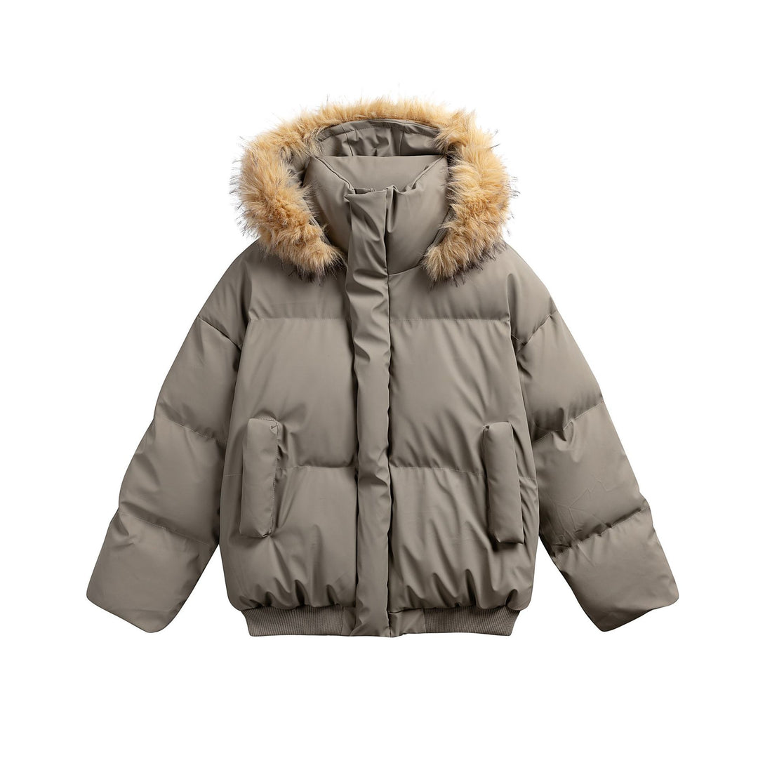 Damen Wattierte Kurzsteppjacke mit Kunstfellkapuze und geripptem Saum Shop Nory