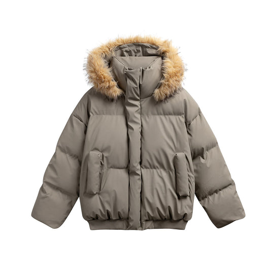 Damen Wattierte Kurzsteppjacke mit Kunstfellkapuze und geripptem Saum Shop Nory
