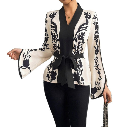 Damen Kimono-Bluse mit floralem Druck, V-Ausschnitt und Taillenbindegürtel Shop Nory