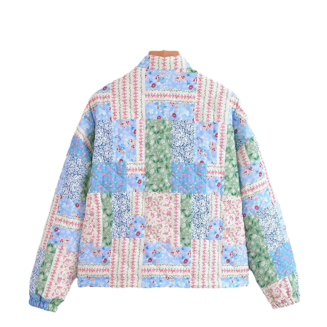 Damen Gepolsterte Patchwork Steppjacke mit Stehkragen und Druckknopfverschluss Shop Nory