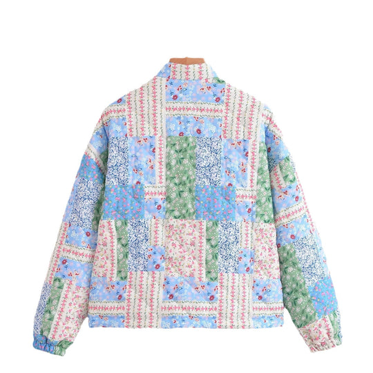 Damen Gepolsterte Patchwork Steppjacke mit Stehkragen und Druckknopfverschluss Shop Nory
