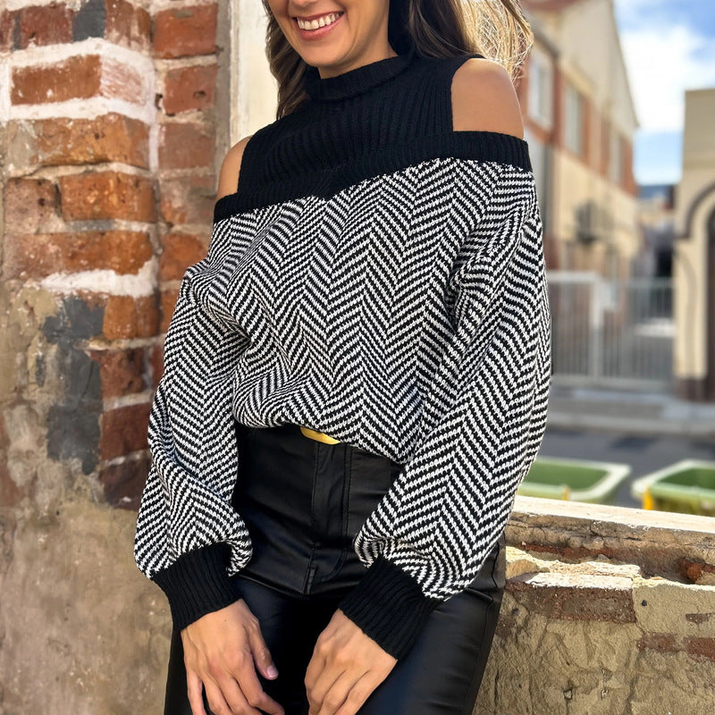 Damen Schulterfreier Strickpullover mit Fischgrätmuster und weitem Ballonärmel Shop Nory