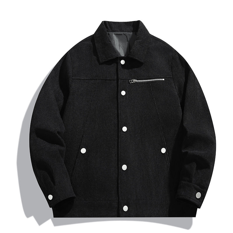 Herren Cord-Truckerjacke mit Reißverschluss-Brusttasche und Druckknopffront Shop Nory