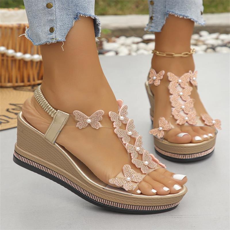 Damen Wedge-Sandalen mit filigranen Schmetterlingsapplikationen und komfortablem Fußbett
