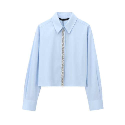 Damen Cropped Hemd mit Kristallverzierung und Oversized-Kragen Shop Nory