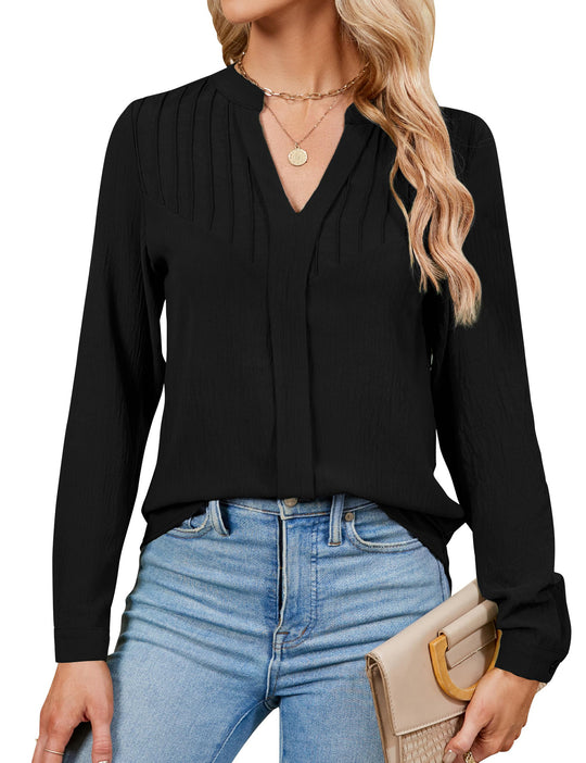 Damen Feine Viskose-Langarmbluse mit Kellerfalten am Oberteil und verdeckter Knopfleiste Shop Nory
