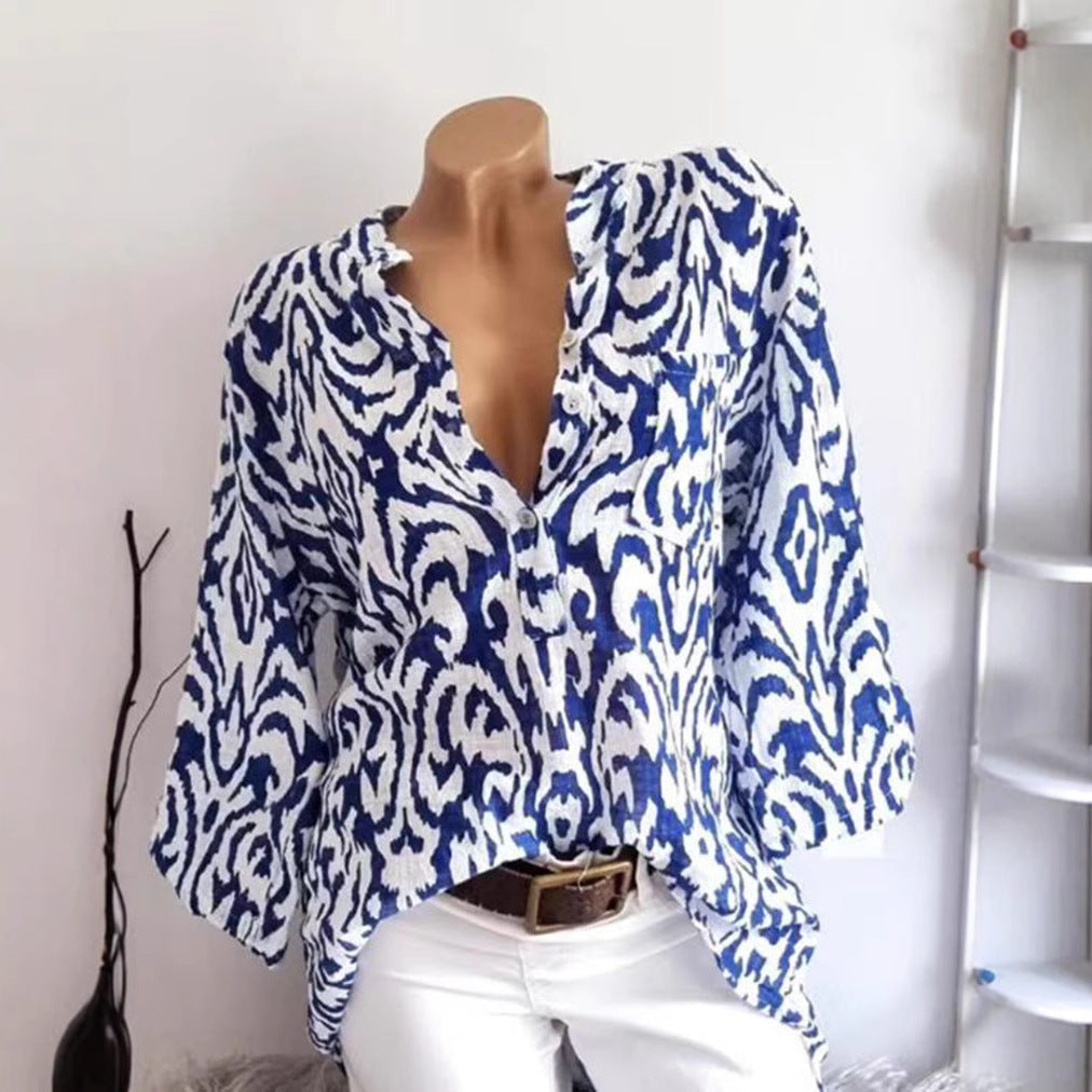 Damen nan locker geschnittene Tunika-Bluse mit Ikat‑Muster, V‑Ausschnitt und Dreiviertelärmeln Shopnory