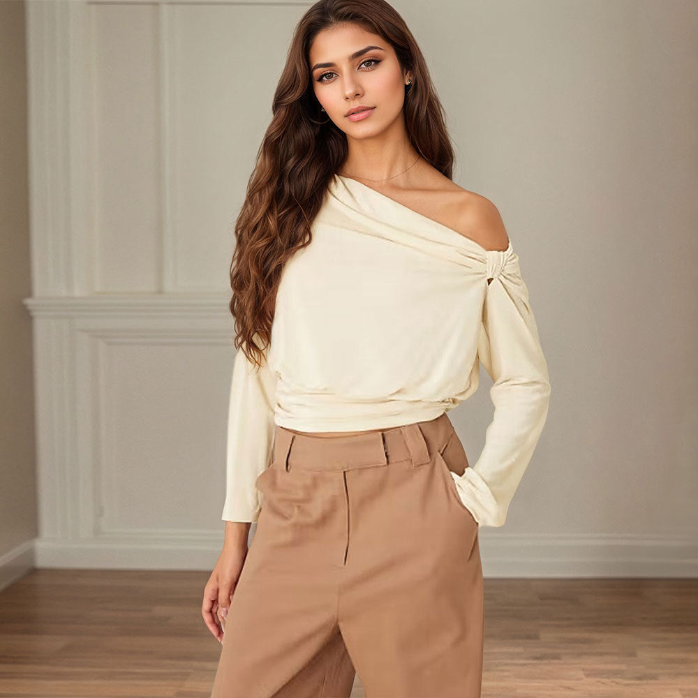 Damen asymmetrisches One-Shoulder Blusenshirt mit Knoten-Detail und tailliertem Saum Shop Nory