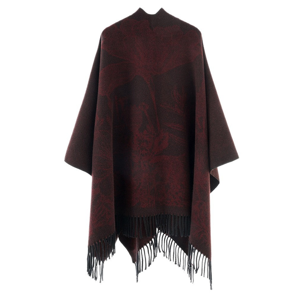 Damen Fließender Capeponcho im Kimono‑Schnitt mit feinem Blumenjacquard und Fransensaum Shop Nory