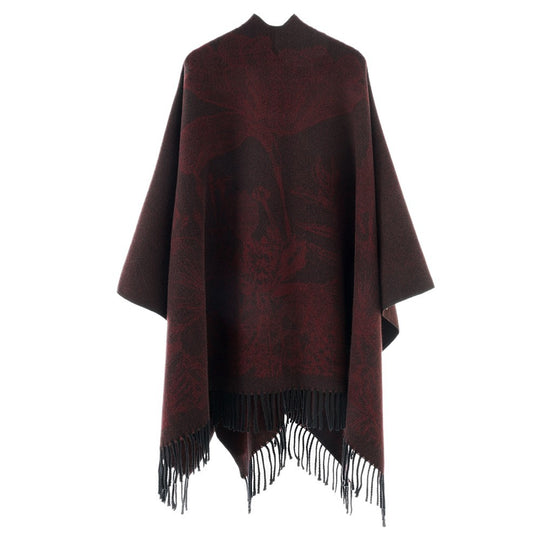 Damen V‑Ausschnitt Cape‑Poncho mit floralem Jacquard und Fransensaum Shop Nory