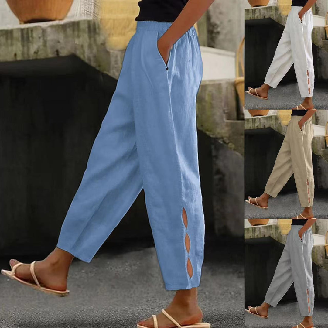 Damen Leichte Leinenhose mit seitlichen Schlitzen und elastischem Bund