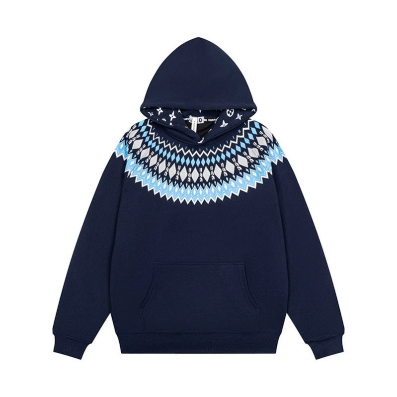 Unisex Oversize Kapuzenpullover mit nordischem Rundpasse-Jacquard, Kängurutasche und Rippbündchen Shop Nory