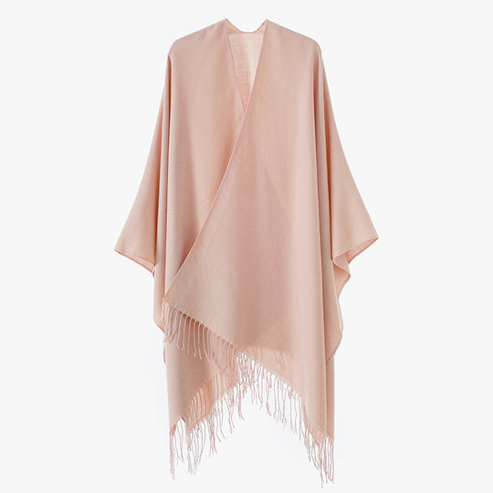 Damen Überwurfponcho aus Wollmix mit dezentem Jacquardbordüren‑Muster und Fransensaum Shop Nory