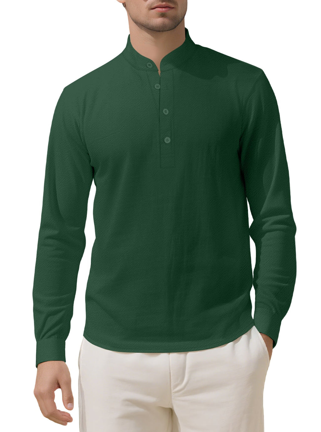 Herren nan Nehru-Kragen-Henley aus Baumwollstretch mit verdeckter Knopfleiste und schmaler Passform