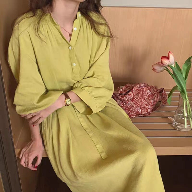 Damen Weites Leinenmix-Maxikleid mit Stehkragen, Kordel-Taille und Ballonärmeln Shop Nory
