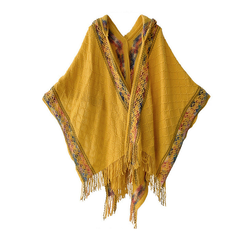 Damen Gewebter Kapuzenponcho mit Fransen und Ethno‑Bordüre Shop Nory