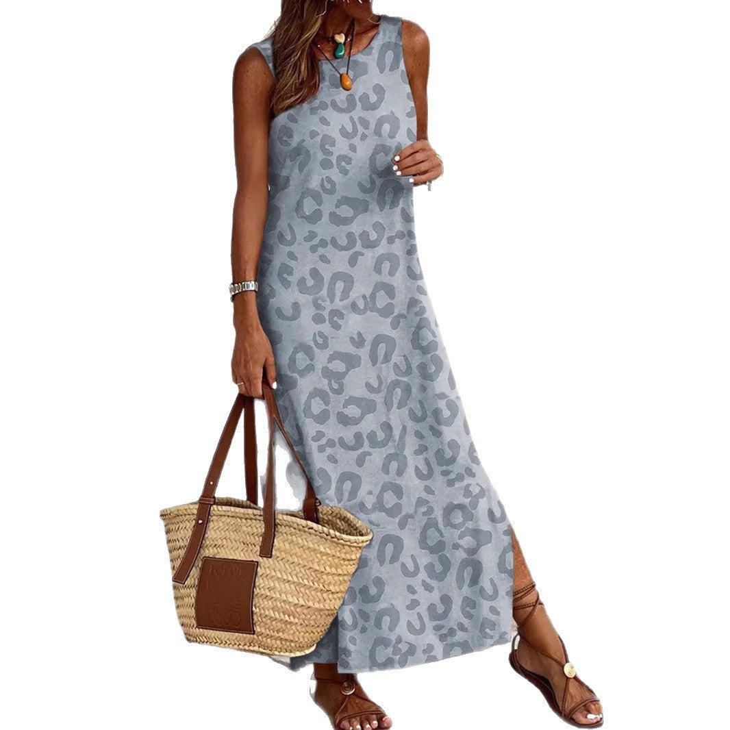 Damen Maxikleid mit modernem Leopardenmuster und ärmellosem Design