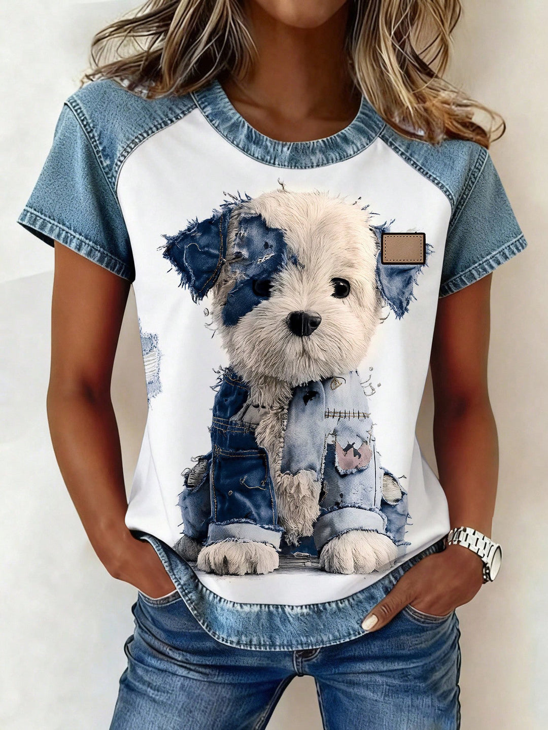 Damen Kurzarmshirt mit Jeans-Einsätzen und Teddy-Patchprint Shop Nory