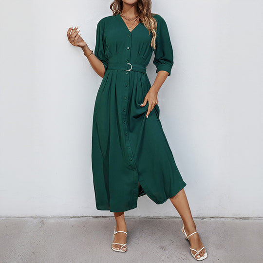Damen Midikleid mit durchgehender Knopfleiste, V-Ausschnitt und D-Ring-Taillengürtel Shop Nory