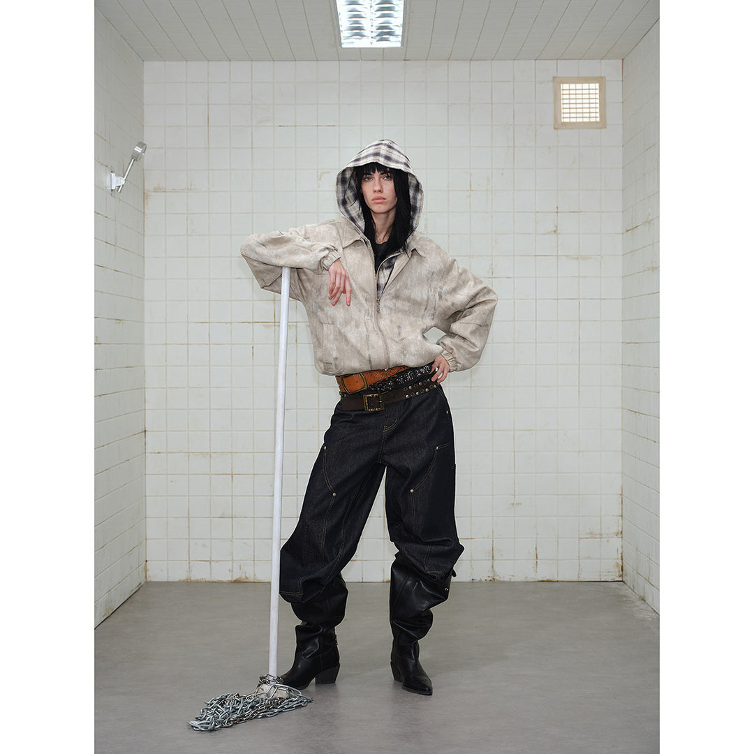 Unisex Kurz geschnittene Boxy‑Jacke aus Wildlederoptik mit kariert gefütterter Kapuze Shop Nory